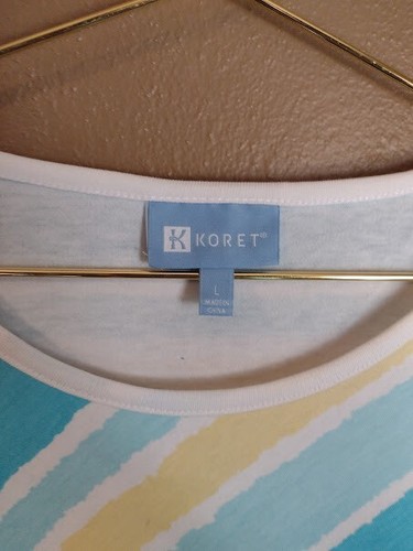 Koret Women's L Large Tee 3/4 Sleeve White Blue Yellow Stripes - Imagen 3 de 5