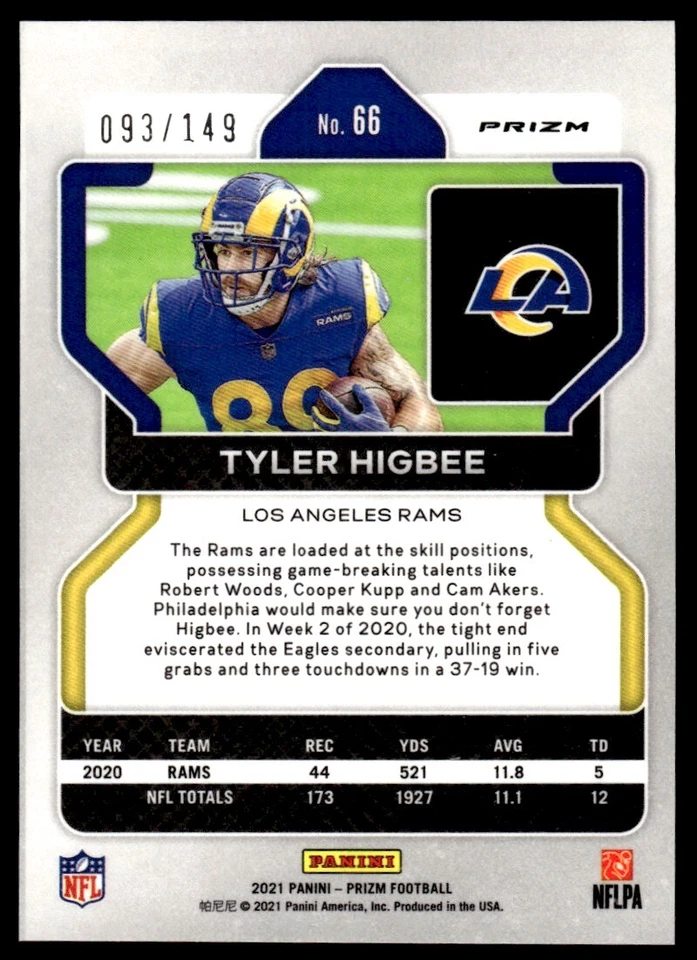 2021 Panini Prizm RED WAVE /149 Tyler Higbee Los Angeles Rams #66 - Image 2 of 2