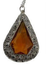 800 Silver Art Nouveau Pendant with Citrine + Marcasites on Chain Circa 1910