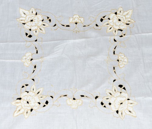 Vintage Cream with Gold Floral Embroidery Cutwork Cotton Tablecloth 30 x 32 - Picture 5 of 10