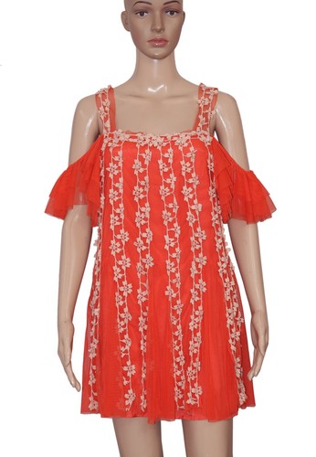 Free People FP One Lily Mini Dress Mesh Floral Lace Cold Shoulder Ruffle New XS - Picture 2 of 5