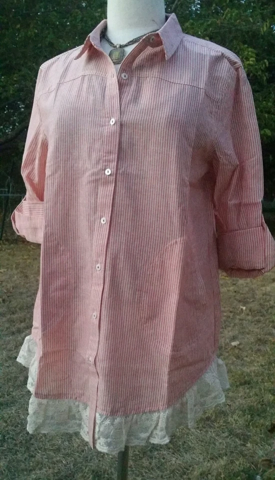 Top Umgee EE. UU. Informal Boho Pequeño Para Mujer Rayas Abotonado Rojo con Ribete de Encaje