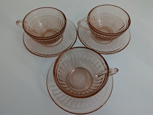 Set of 3 Pink Depression Glass Cup And Saucer Set Beautiful - Picture 2 of 9