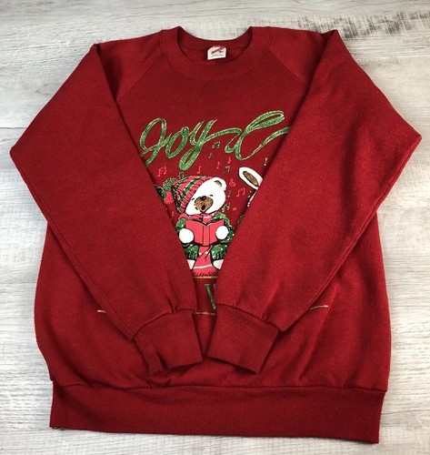 Vintage Christmas Sweatshirt Joy To The World Red JERZEES USA Adult M 38-40 - Picture 3 of 21