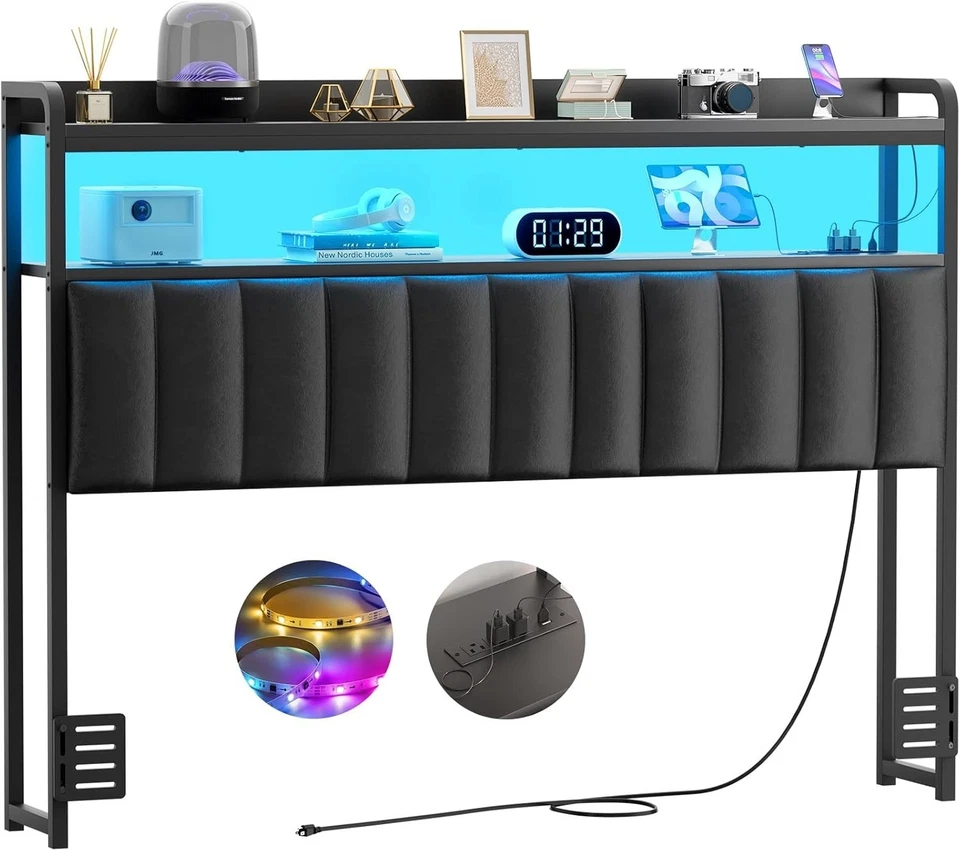 Black Leather Headboard for Full Size Bed with LED & Power Outlets - Adjustable - Image 3 of 4