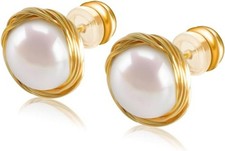 Gold-Plated Freshwater Cultured Pearl Stud Earrings Genuine Real Pearl Jewelry