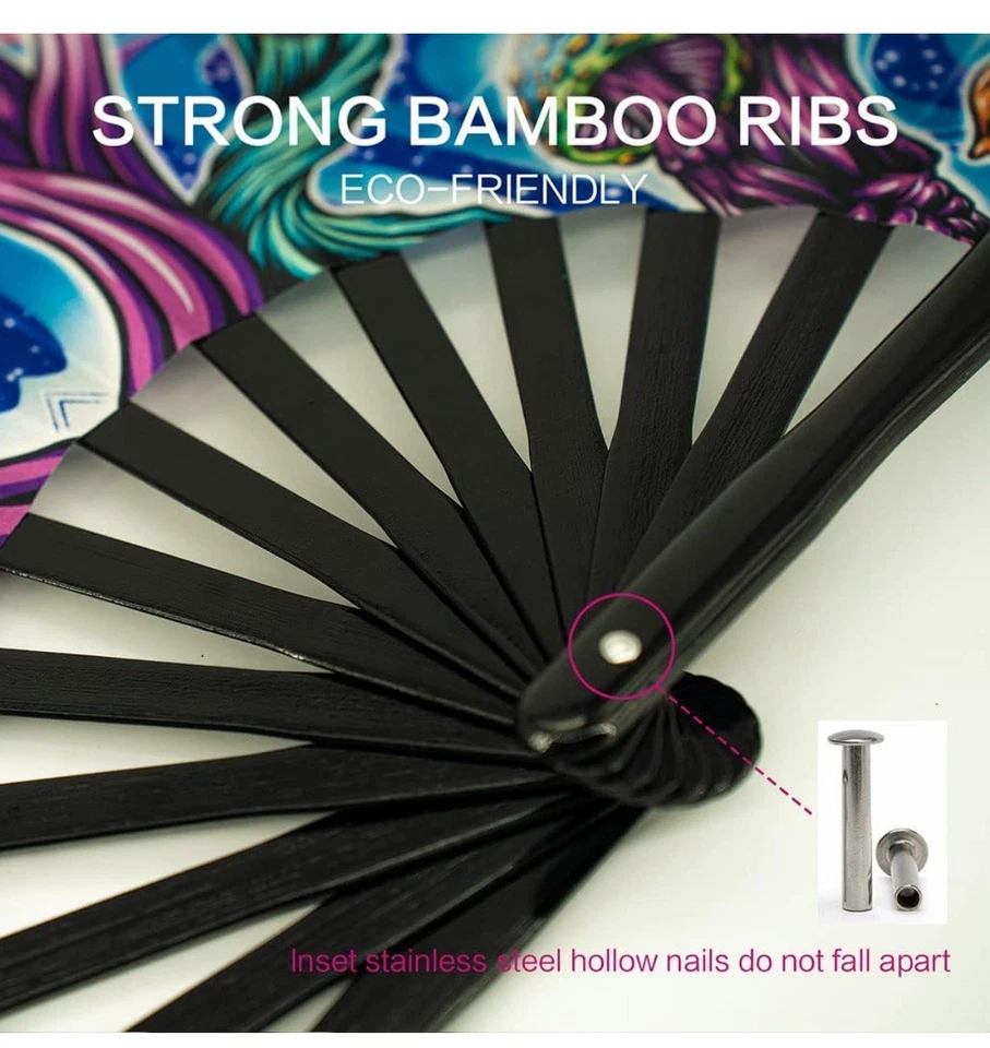 13" Large Rave Fan Bamboo, Folding Clack Hand Fans Foldable for Men Women. - Image 3 of 4