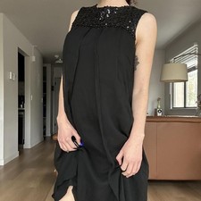 1960s Black Silk Shift Sequin Dress Evening Dress