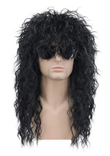 Karlery 70S 80S Rocker Metal Mullet Wig Mens Long Curly Black Wig for Hallowee