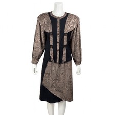 Cache Paris Womens 2 Piece Skirt Suit 4 Black Tan Baroque Jacquard Vintage 80s