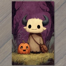 Art Print Horned Creature With Bag Standing Beside Pumpkin Halloween Night