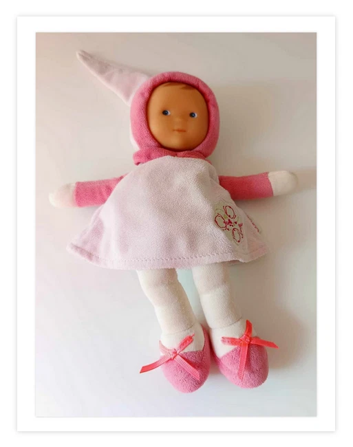 DOUDOU POUPEE TISSU Corolle Fleurs rose grelot 18cm vintage colerette vichy EUR 19,90 - FR