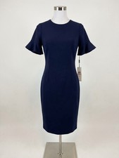 Calvin Klein Womens 2 Sheath Dress Knee Navy Solid Round Neck Short Slv Zip