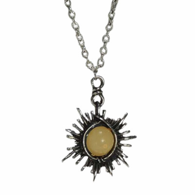 Sunburst Halskette mit Anhänger - runder gelber Cabochon mittig, dunkel oxidiert 1316