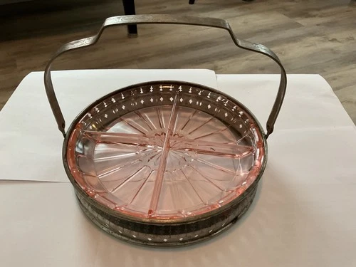 Vintage Pink Depression Glass Divided Dish w/ Silver Lattice Metal Carrier