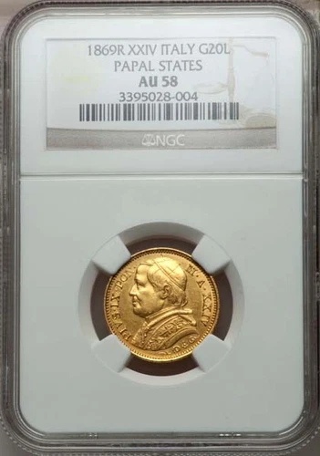 ITALY PAPAL STATES 1869 20 LIRE GOLD COIN ALMOST UNCIRCULATED CERTIFIED NGC AU58