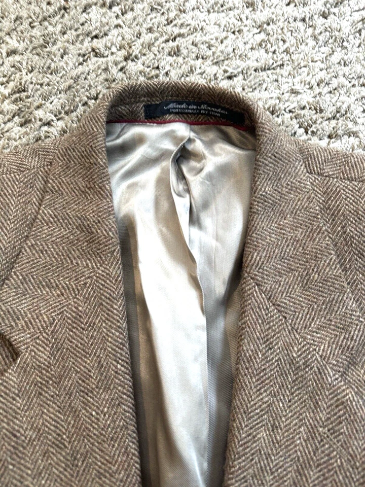 复古粗花呢人字形运动外套 44L 长羊羔毛混纺皮革纽扣 80 年代 — 第 4/4 张图片