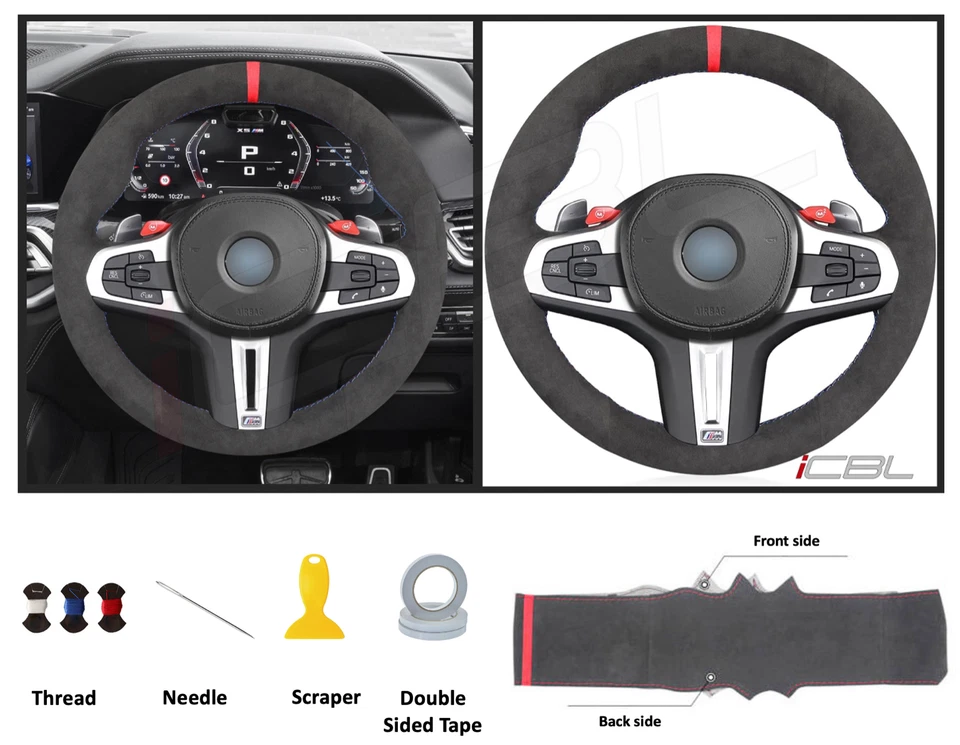 BMW Steering Wheel Cover Black Alcantara Hand-stitched Suede For G20 G80 m340i - Image 2 of 4