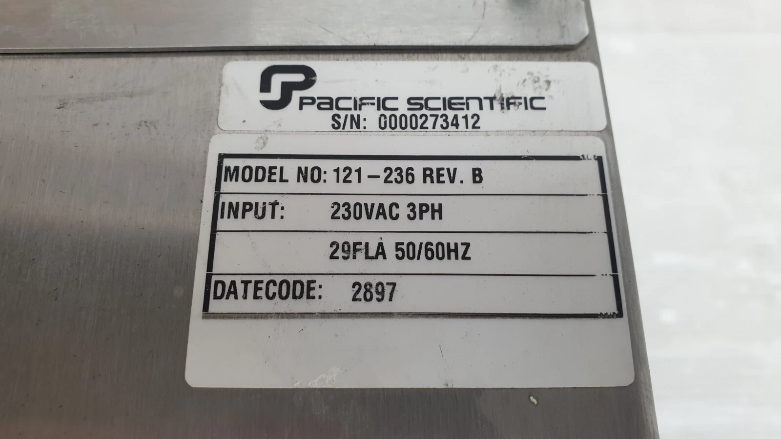 SC750 nameplate: model 121-236 Rev. B, 230VAC 3PH, 29FLA 50/60Hz