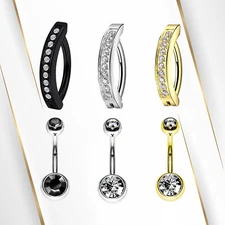 Titanium Belly Button Ring CZ Reverse Hinged Clicker Navel Barbell Set 14G 8mm