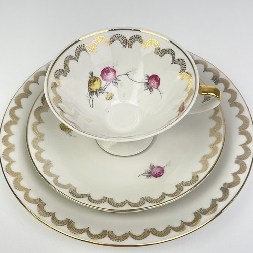 Fine Bone China Tea Cup Saucer Bread Plate Gold Pink Yellow 3 Pc Set Unmarked - Picture 12 of 15