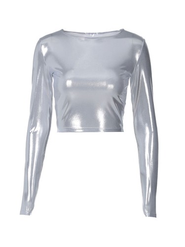 Women Fashion Shiny Metallic T-shirt Round Neck Long Sleeve Slim Fit Crop Top - Picture 8 of 9