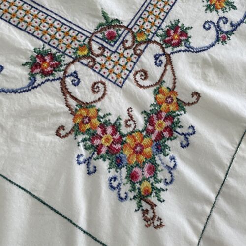 Vintage Tablecloth & Napkins Italy Hand made Cross Stitch Floral Multicolored - Picture 3 of 24
