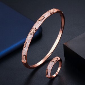 Authentic Silver Plated Round Cobra Cubic Zircon Leopard Bangle Bracelet Ring Jewelry Set