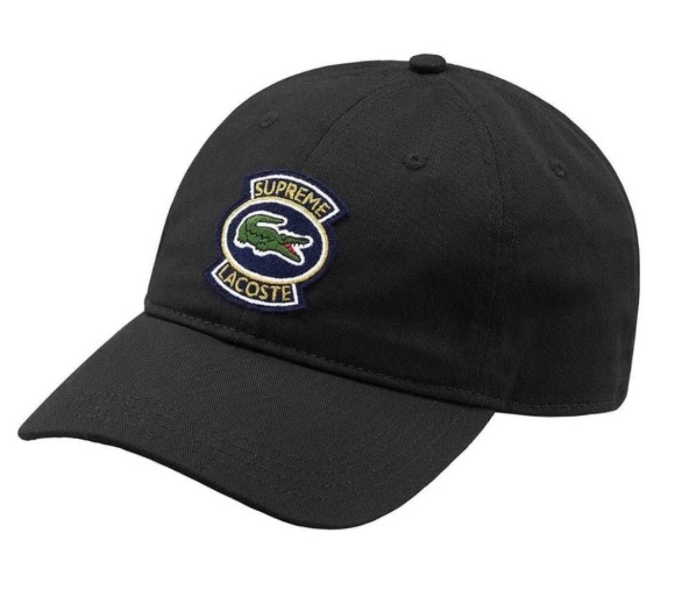 Casquette noire Supreme x Lacoste sergé 6 panneaux chapeau papa SS18