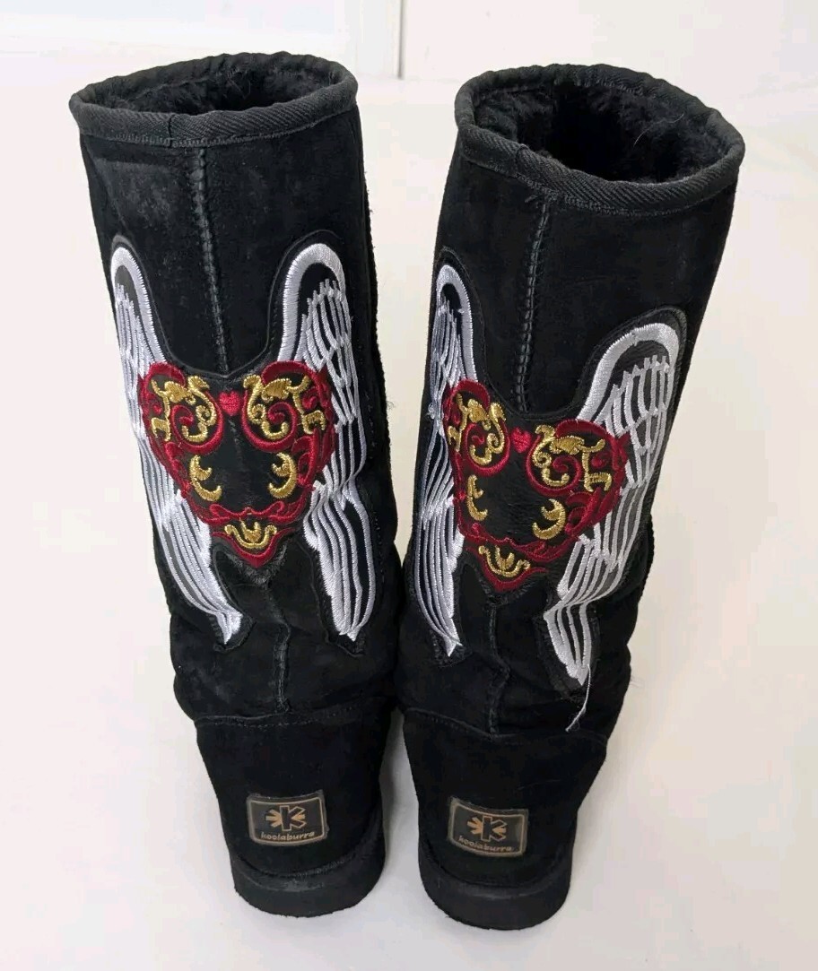 Koolaburra Black Flame Heart Angel Wings Suede Boots Women's