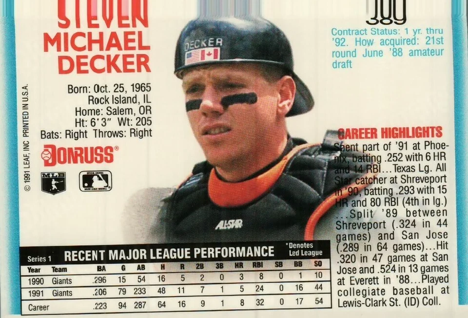 *Legends-SAN FRANCISCO GIANTS-"Steve Decker" /C/ {S238} - Image 3 of 3