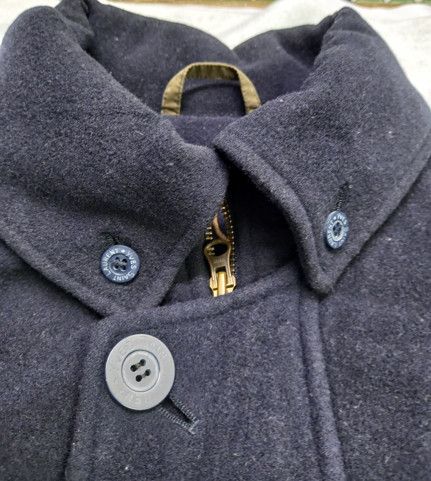 Cappotto Yves Saint Laurent YSL da uomo lana cappotto foderato logo blu taglia XL