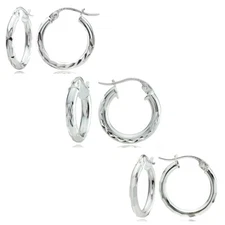 Sterling Silver Polished Diamond-Cut Design 15mm Round Hoop Earrings, Set of 3