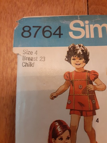 1970 Simplicity Pattern#8764 Child Girls Size4 Breast 23 Dress Or Top & Shorts - Picture 2 of 7