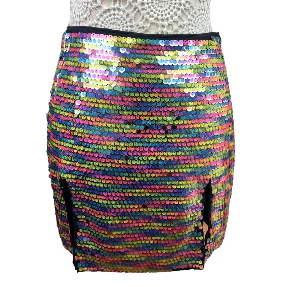 Mini-saia Nasty Gal multicolorida lantejoulas completas fendas frontais feminina Reino Unido tamanho 8 - Imagem 3 de 4