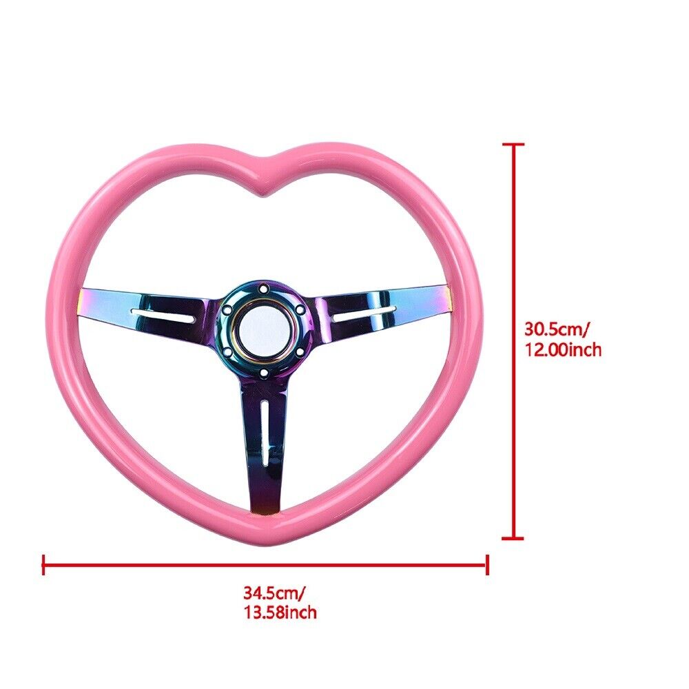 14inch Universal Racing Heart Steering Wheel Wood Chrome Spoke Girl  Steering Wheel with Anime Horn