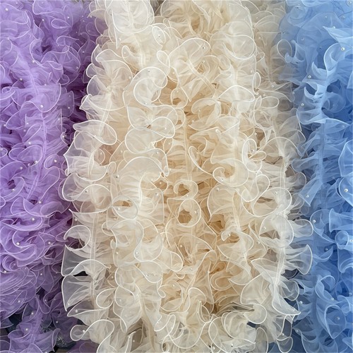 200cm Pearl Nail Beaded Ruffle Organza Lace Trim for Lolita Dress Sewing DIY - Picture 2 of 20