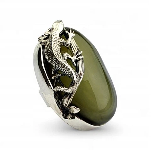 Unique Massive Green Amber Silver Lizard Ring