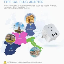 European Plug Travel Adapter with 3 USB, Power Plug Charger for US to Europe New