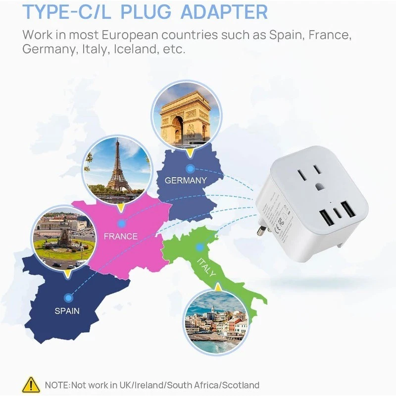 Adaptador de Viaje Enchufe Europeo con 3 USB, Cargador Enchufe de Alimentación para EE. UU. a Europa Nuevo Foto 2 de 4