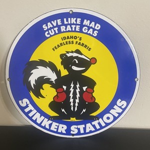 VINTAGE STINKER STATION GASOLINE MOTOR OIL PORCELAIN SIGN