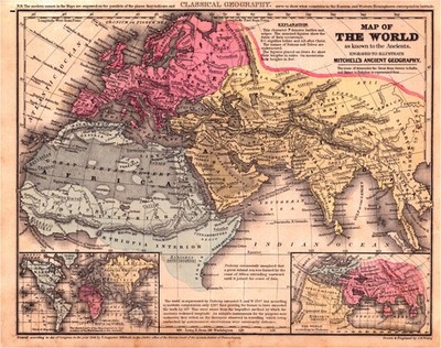 1856 Map of World Known to Ancients   Antique Classical Geography Hand-Colored
