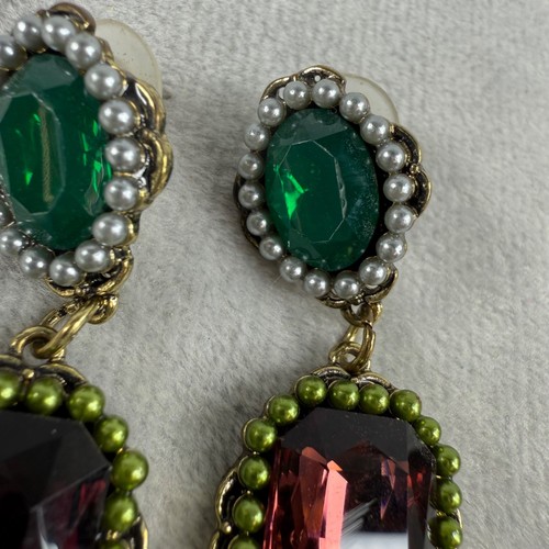 Shades of Green, Red, Purple Pierced Post Dangle Drop Earrings Faux Pearl Accent - Picture 4 of 17