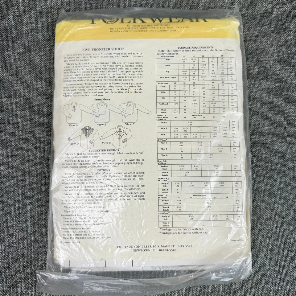 Folkwear # 212 Sewing Pattern Five Frontier Shirts Western Mens Women UNCUT - Image 2 of 4