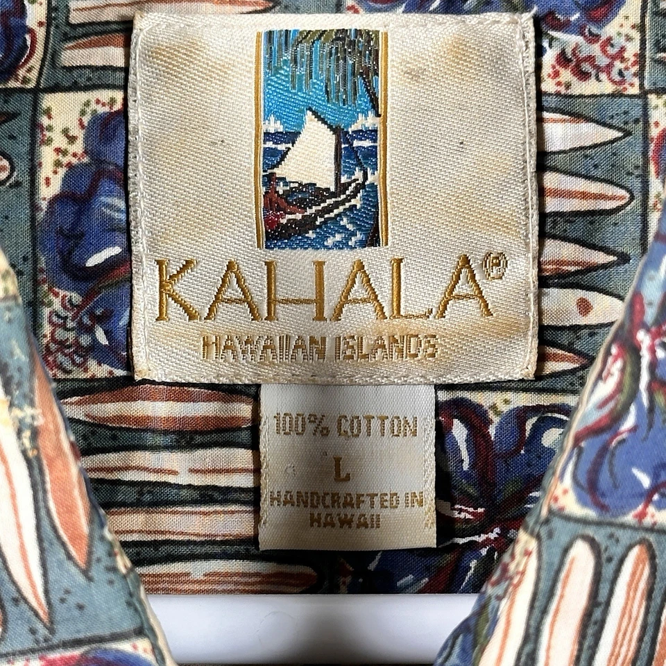 Kahala 衬衫 L 码男式蓝色米色花卉冲浪板口袋海滩度假村阿罗哈 — 第 4/4 张图片