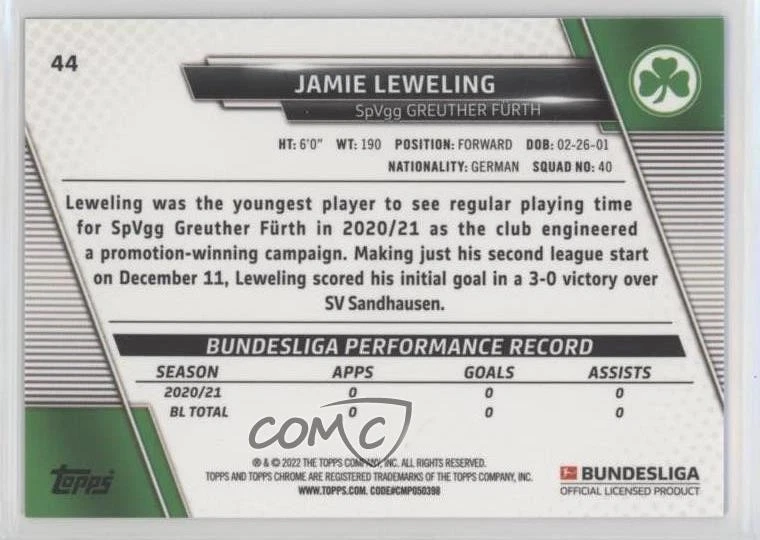 2021-22 Topps Chrome Bundesliga Sapphire Edition Jamie Leweling #44 Rookie RC - Image 2 of 2