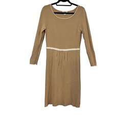 Talbots Knit Dress Small Beige Knit Round Neck Long Sleeve Defined Waist Stretch