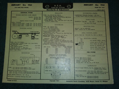 1961 MERCURY 223 6 CYLINDER A.E.A. TUNE-UP CHART / USEFUL INFORMATION