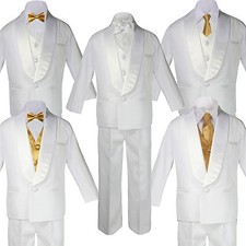 5-7pc Baby Boy White Formal Shawl Lapel Suits Tuxedo GOLD Satin Bow Necktie Vest