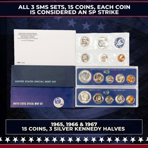 Complete Group of 3 United States Special Mint Set SMS 1965, 1966, 1967 15 Coins